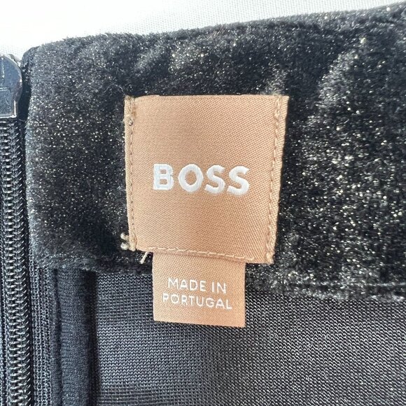 Boss Evaniwa Metallic Velvet Mini Dress Shoulder Button Ruched Black Wet Look LG - Picture 8 of 16